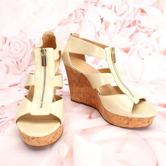 Michael Kors Shoes - Michael Kors Damita Strappy Ivory Wedge Sandals Heels W/Front Zip